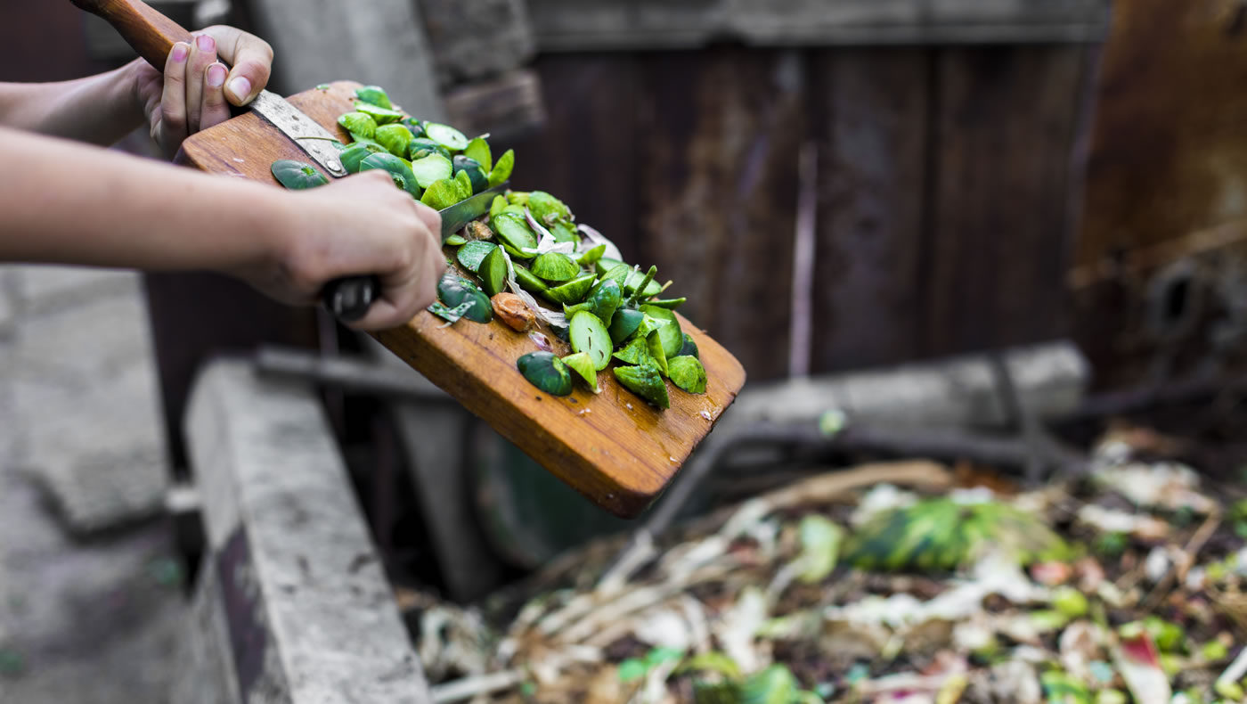 Scraping vegetable scraps into a compost pile.