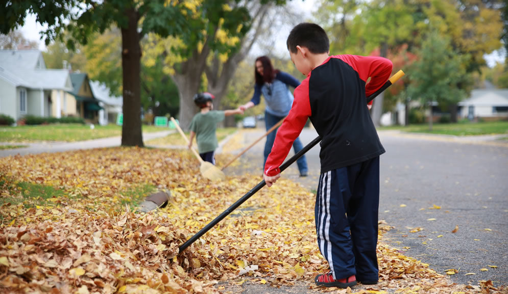 A boy sweeping leaves out of a street curb. (Photo: Clean Water Minnesota)