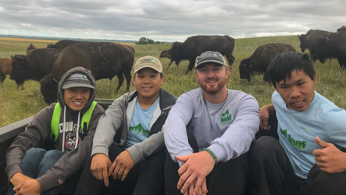 LEAF interns and their mentor pose in front of a herd of buffalo. (Photo: The Nature Conservancy)