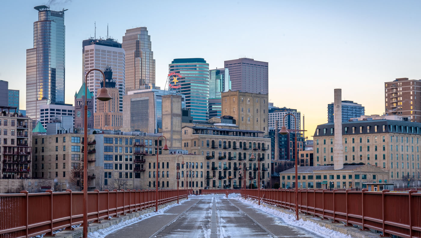 The downtown Minneapolis skyline, as seen from the Stone Arch Bridge. (Credit: Nick Busse)