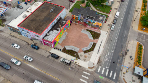 Aerial view of Juxtaposition Arts Skate Park and rain gardens.