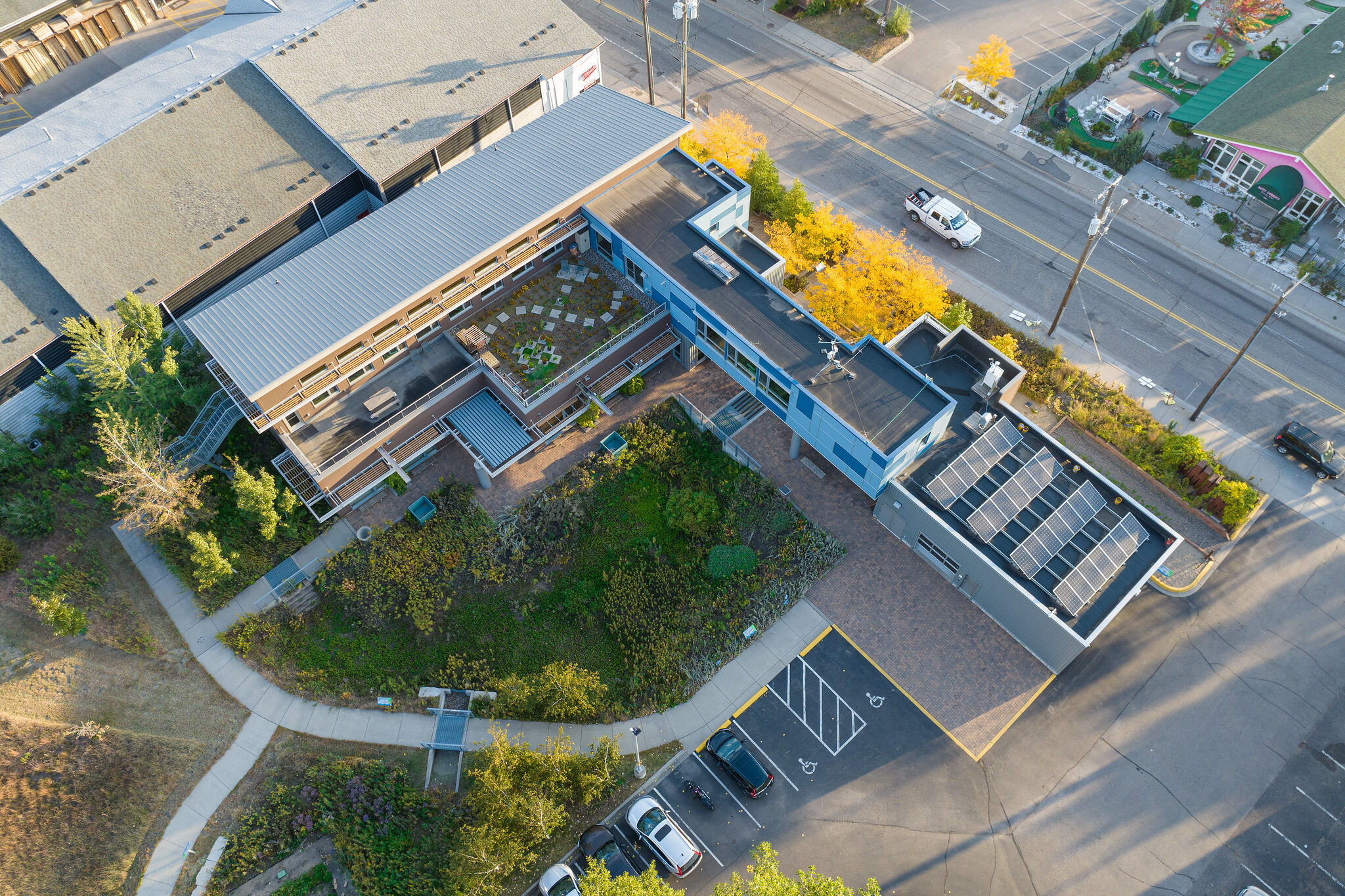 An aerial view of the MWMO's building in fall.