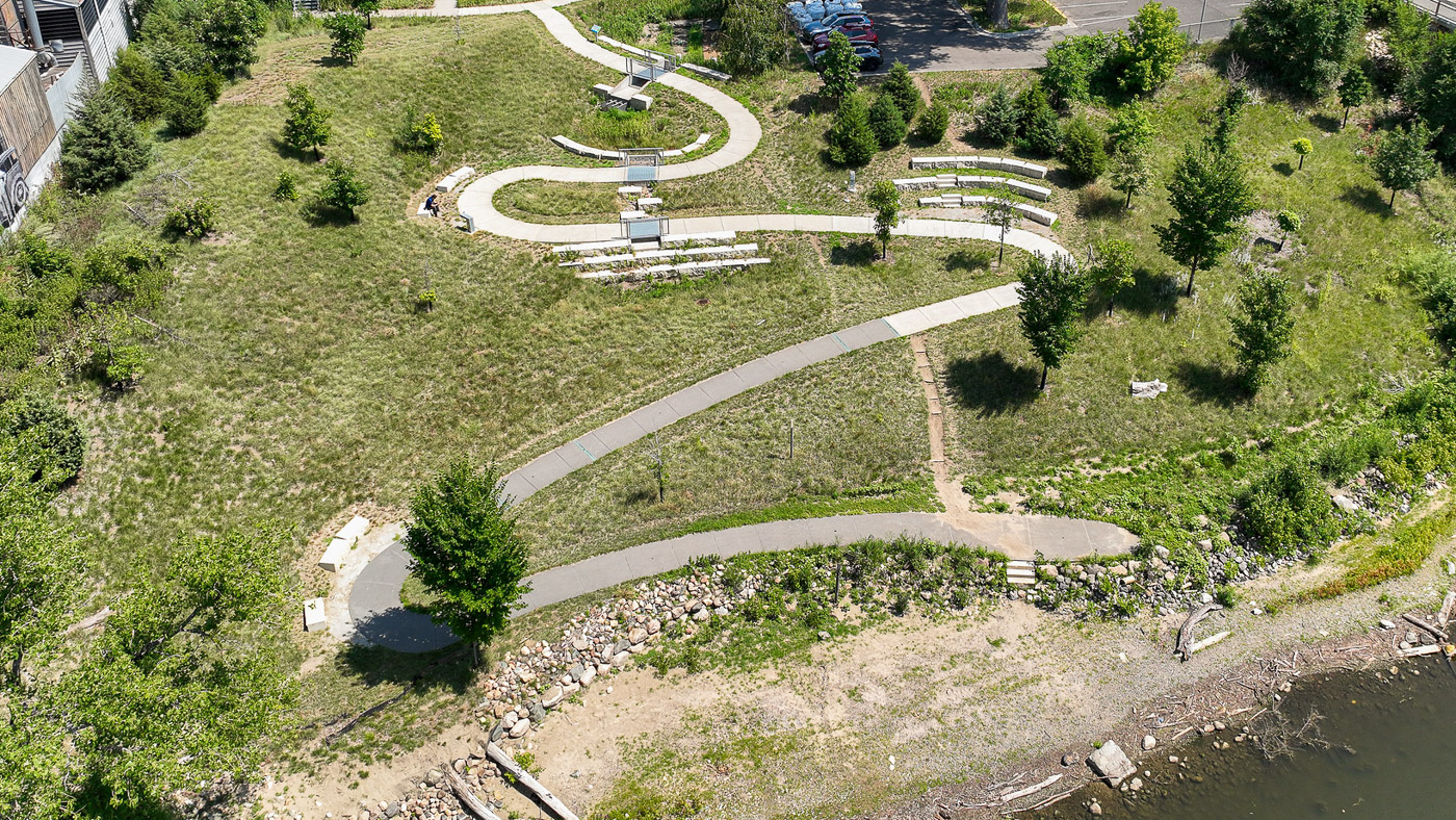 Aerial view of footpaths in MWMO backyard.