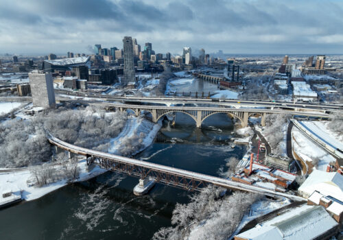 Winter aerial view of the Mississippi Riverfront in Minneapolis.