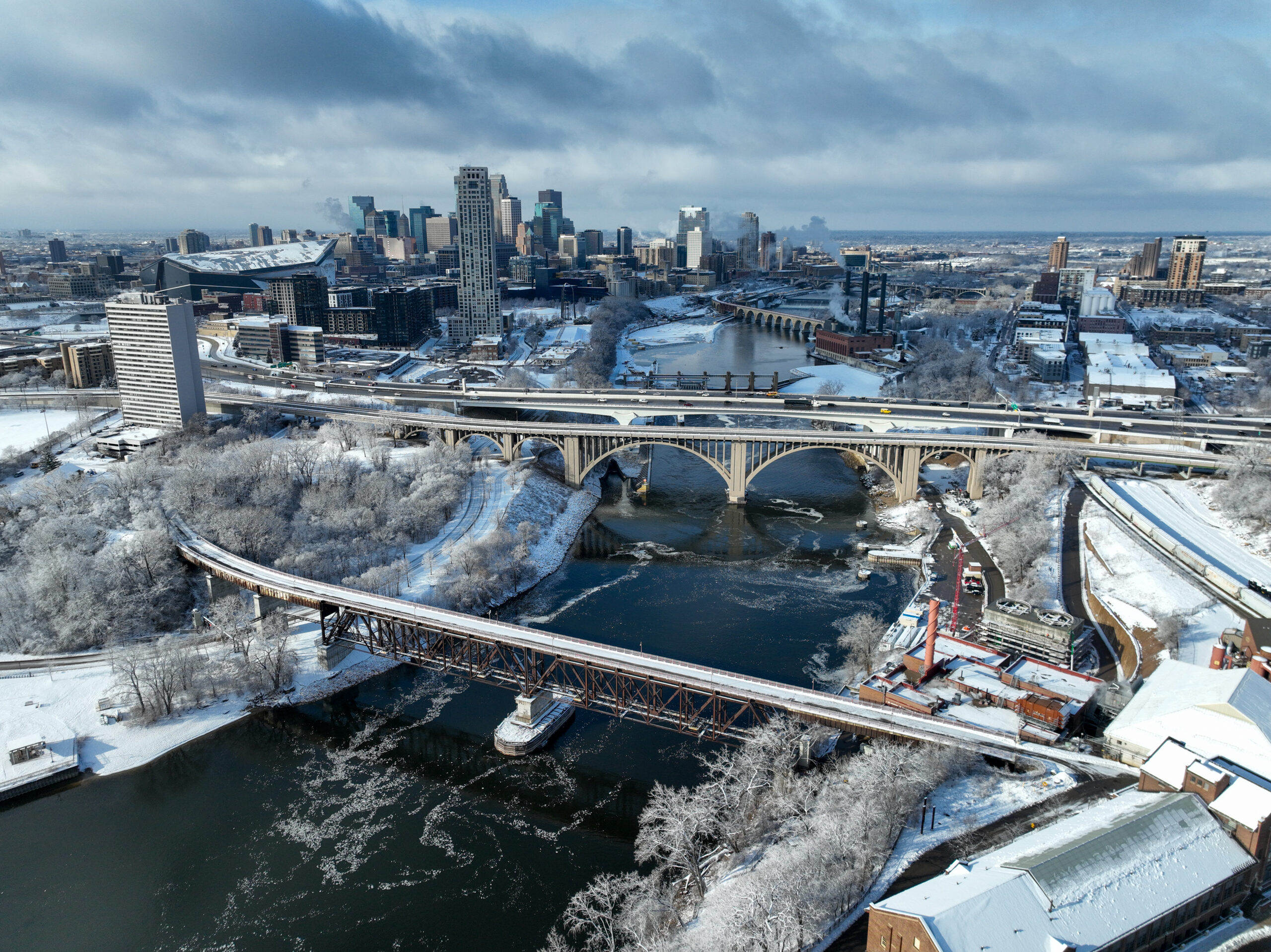 Winter aerial view of the Mississippi Riverfront in Minneapolis.